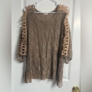 Brittany Black Taupe Embroidered Lace Top Cut Out Sheer Bell Sleeves Lined Sz M